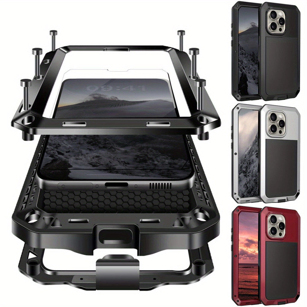 Heavy Duty Metal Case with Built-in Glass Screen Protector for iPhone - 360° Shockproof, Drop-Proof Protection