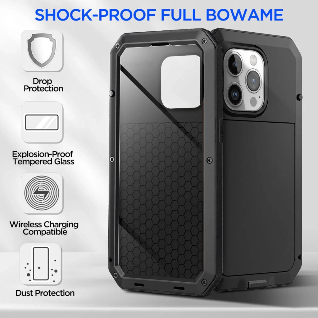 Heavy Duty Metal Case with Built-in Glass Screen Protector for iPhone - 360° Shockproof, Drop-Proof Protection