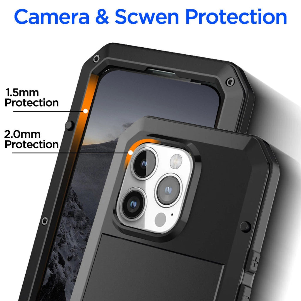 Heavy Duty Metal Case with Built-in Glass Screen Protector for iPhone - 360° Shockproof, Drop-Proof Protection