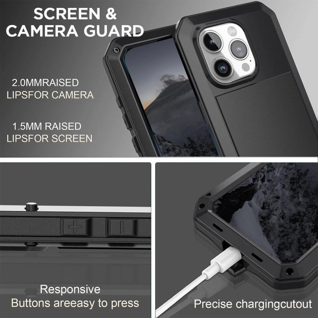 Heavy Duty Metal Case with Built-in Glass Screen Protector for iPhone - 360° Shockproof, Drop-Proof Protection