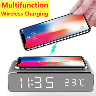 Wireless Charger Time Alarm Clock LED Digital Thermometer Earphone Phone Chargers Fast Charging Dock Station For IPhone For Samsung - Goods and Services